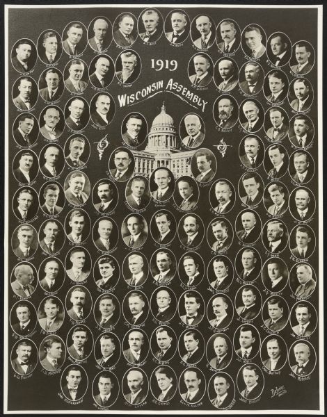Composite of portraits of the members of the Wisconsin Assembly of 1919. Includes an exterior view of the Wisconsin State Capitol building, and in the center is Riley S. Young, Speaker.