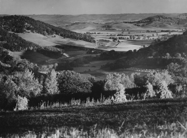 Elevated view along a hillside into a valley, with forests, buildings, and crop fields. Caption reads: "Barree Coulee from St. Joseph's Ridge, La Crosse County, Wis. Photo by Robert Boyd, 1953 (?)."