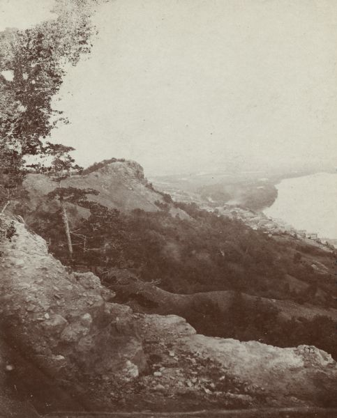 View of Trempealeau from bluffs north of the town, looking south towards the Mississippi river.