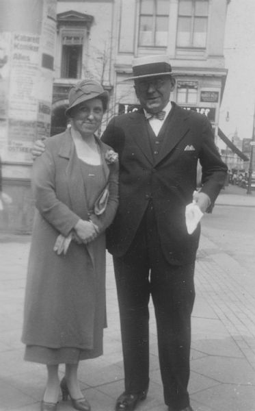 Outdoor portrait of Sigrid Schultz standing with the Mayor of Chicago, A.J. Cermak, in Berlin, Germany.
