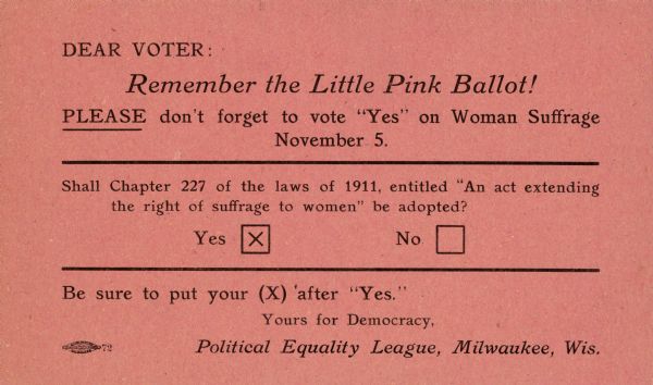 Political postcard in support of a 1911 women's suffrage bill in Wisconsin.