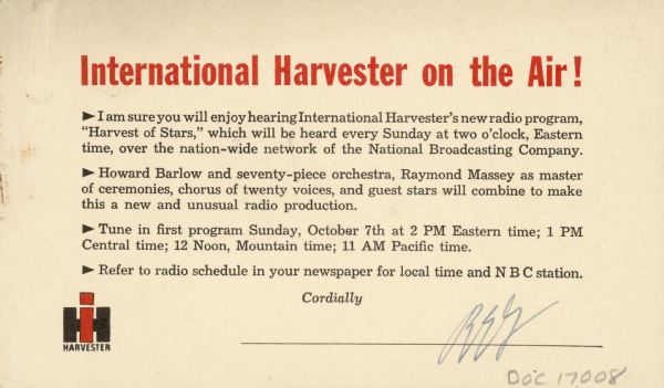 Front of card with a title which reads: "International Harvester on the Air!"