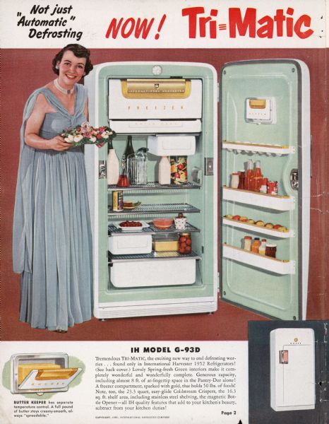 Inside spread of brochure. Text at top left reads: "Not just 'Automatic' Defrosting." Full title of spread reads: "Now! Tri-Matic Defrosting in the New International Harvester Refrigerators." Features a woman wearing an evening gown standing next to an open refrigerator. Model G-93D.