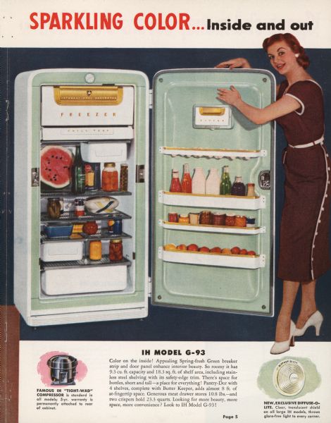 Inside spread of brochure. Full title of spread reads: "Functional Features ... Top to Bottom Sparkling Color ... Inside and out." Features a woman wearing a dress standing next to an open refrigerator. She is posing next to the open door of the refrigerator. Model G-93.