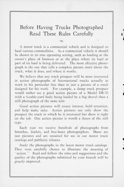 Inside cover of 4-page brochure with description of photographic rules. Title reads: "Before Having Trucks Photographed Read These Rules Carefully."