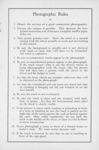 Third page of 4-page brochure with description of photographic rules. 