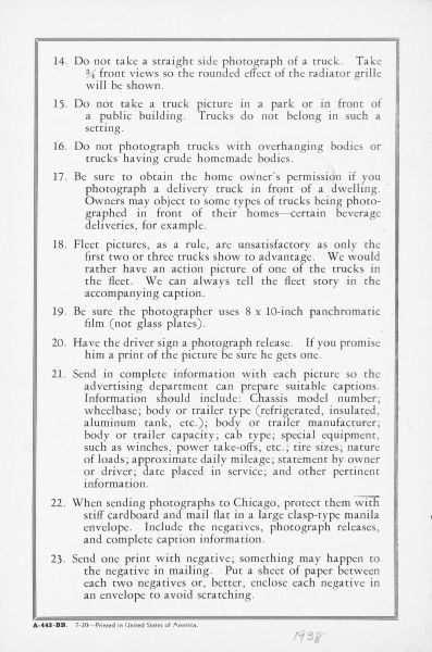 Back cover of 4-page brochure with description of photographic rules. 