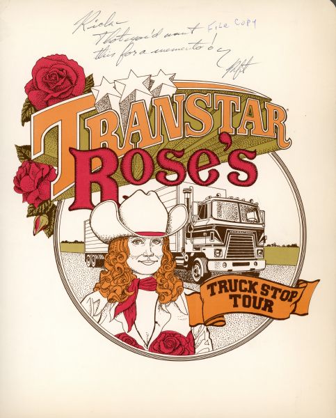 Front of folder with illustration of Transtar Rose and an International Truck. A press release in the folder is titled: "Transtar Rose to sing at Pioneer Court Monday." Miss Bonnie Nelson, as Transtar Rose, will be giving a special preview of "Transtar Rose's Truck Stop Tour and Country Music Show" for an audience of International Harvester employees, country and western buffs and interested bystanders at 401 North Michigan Avenue, Chicago, Illinois.
