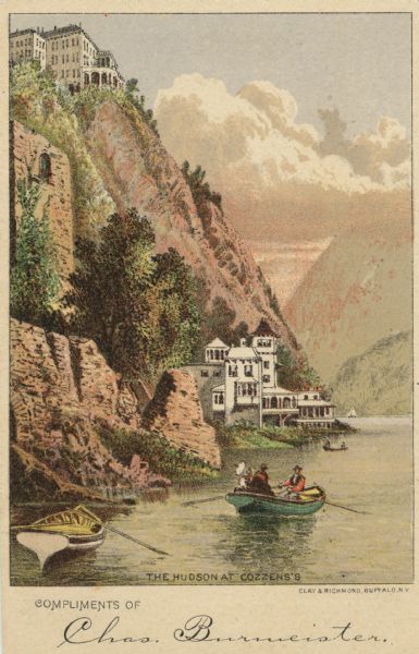 Engraved drawing with tinting, with a view of people in a rowboat along the Hudson River. Buildings are at the top and bottom of a steep bluff. At the bottom of the card are the words: "Compliments of Chas. Burmeister."
