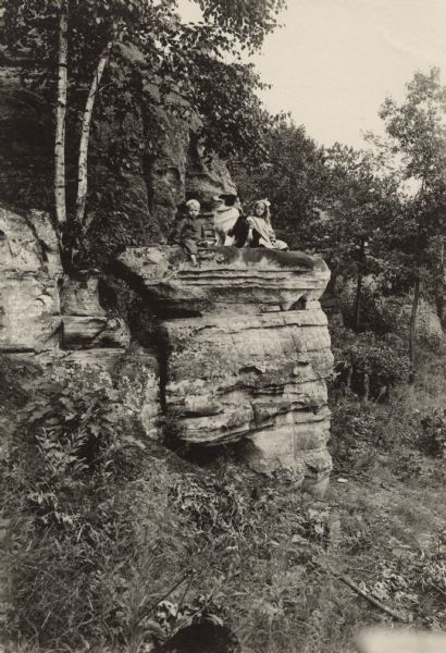 View of two children and a dog posing on a rock, surrounded by trees and other vegetation. Caption reads: "The 'Casket' Rock at the base of "Blue Mound" Near Kilbourne, Wis."