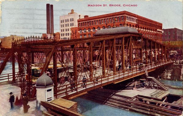 Color lithograph of elevated view of traffic along the Madison St. bridge. Streetcars, horse-drawn wagons, and pedestrians are on the bridge. Caption reads: "Madison St. Bridge, Chicago."