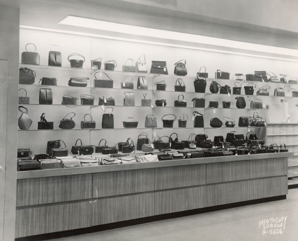 Handbag display in Chandler's Shoes store, 10 West Mifflin Street, on the Square.