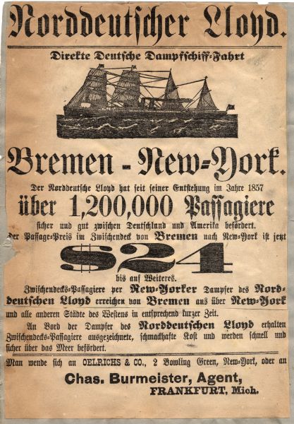 Advertisement printed in German for a ship from Bremen to New York with $24 fare. There is a woodcut of a sailing ship at the top.