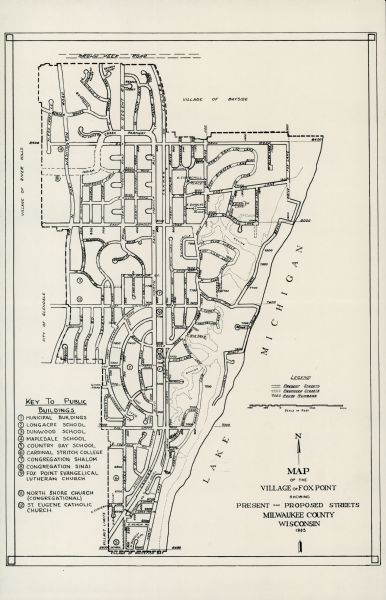 This map is indexed for public buildings and includes a numbered key on the lower left side. The streets are labeled and Lake Michigan is labeled on the far right of the map. The city limits of Glendale and River Hills are on the far left and the city limits of Bayside are along the top of the map.