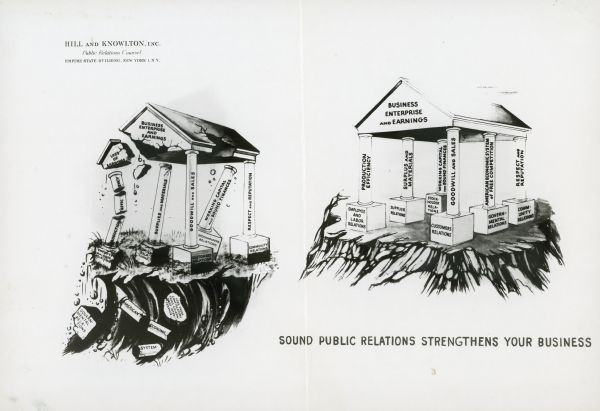 A poster created by Hill and Knowlton, Inc., Public Relations Counsel advertising good public relations. The caption reads: "Sound Public Relations Strengthens Your Business." 