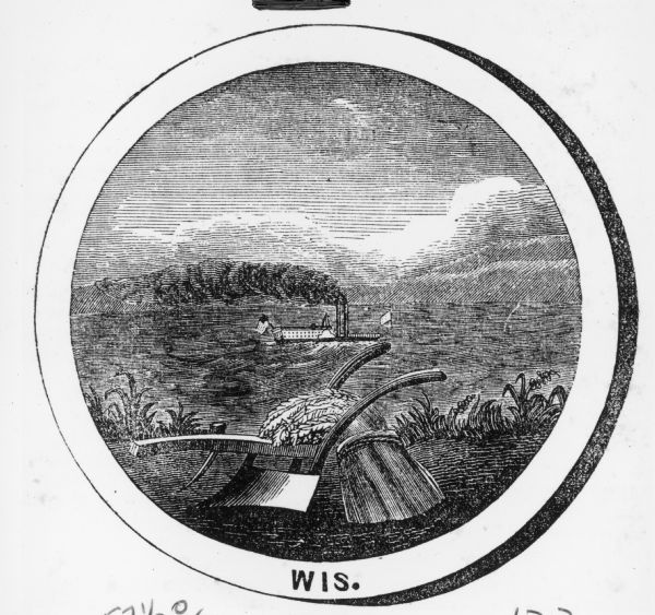 Version of the Wisconsin Seal found in <i>The American's Own Book</i>, 1849. It depicts a plow and a bundle of wheat in the foreground, and a steamship on the water in the background.