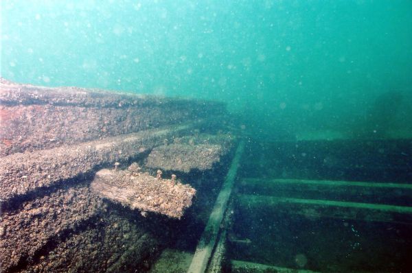 View of a portion of the wreckage of the schooner <i>Lumberman</i> at the bottom of Lake Michigan.