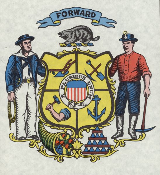 1881 version of the Coat of Arms of the State of Wisconsin.