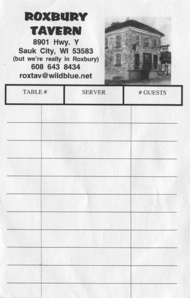 Unused server's ticket from the Roxbury Tavern. There is a drawing of the building in the upper right of the ticket.