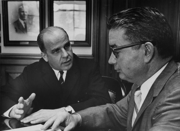 U.S. Senator, Gaylord Nelson, speaking with Wisconsin Lieutenant Governor, Patrick J. Lucey.