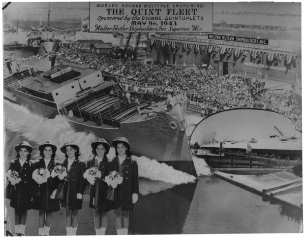 Composite photograph of the Dionne Quintuplets and the five ships they launched at the Walter Shipbuilding Company. An inset of Yvonne, Annette, Émilie, Cécile, and Marie holding bouquets is at bottom left. The ships lined up are inset at right. The background image shows one of the ships launching with a large crowd watching from bleachers.