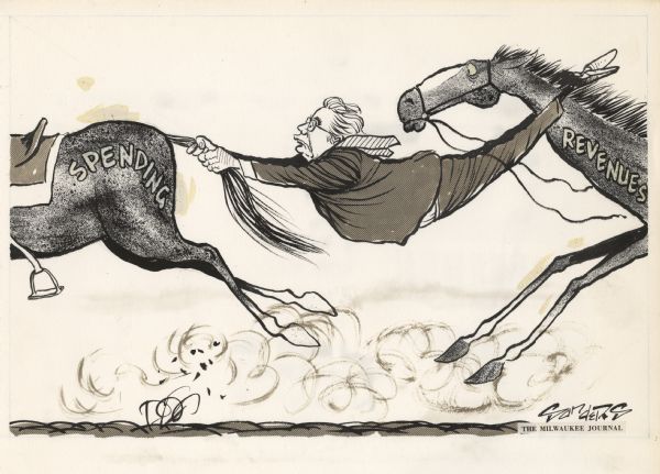 Political cartoon depicting Wisconsin Governor Patrick J. Lucey holding the tail of one running horse labeled <i>spending</i>, with his legs wrapped around the neck of another running horse labeled <i>revenues</i>.
