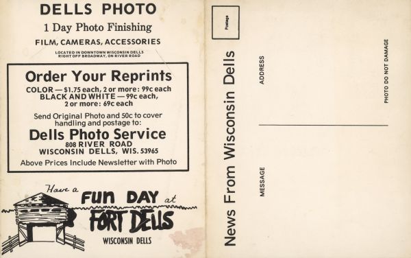 Back side of a two-fold mailer and advertisement designed by the Dells Photo Service, owned and operated by John Trumble. The opposite side shows the front and back pages of a fake, humorous newsletter with fictional stories that refer to Dells tourism and attractions. The newsletter serves as a frame for a customer's studio portrait. 