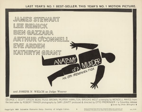 Title lobby card for the 1959 film "Anatomy of a Murder" starring James Stewart and Lee Remick.  The card is done in black and white and shows a body in pieces which was designed by Saul Bass.