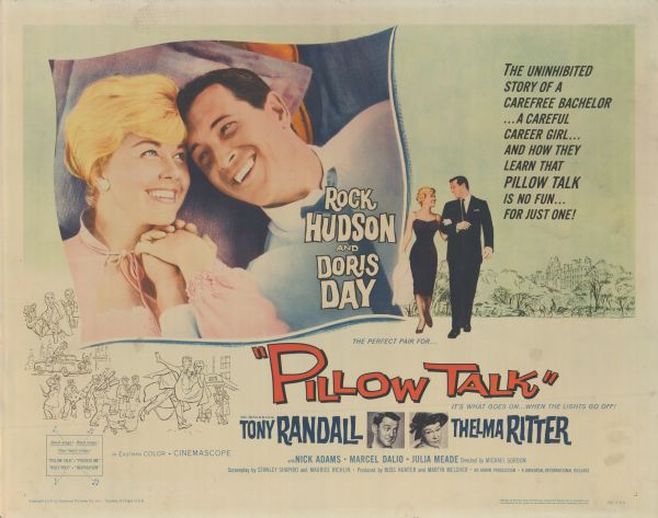 Halfsheet poster for the 1959 film "Pillow Talk" starring Doris Day and Rock Hudson.  The poster shows Day and Hudson laying next to each other with their foreheads touching and holding hands.  There is also a small drawing of them walking arm in arm. 