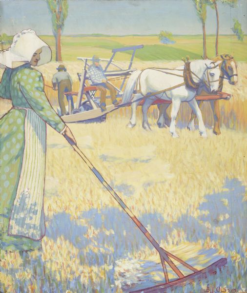 A woman wearing a bonnet is raking a field crop in the foreground. Behind her several farmers are operating a horse-drawn farming machine through the field.