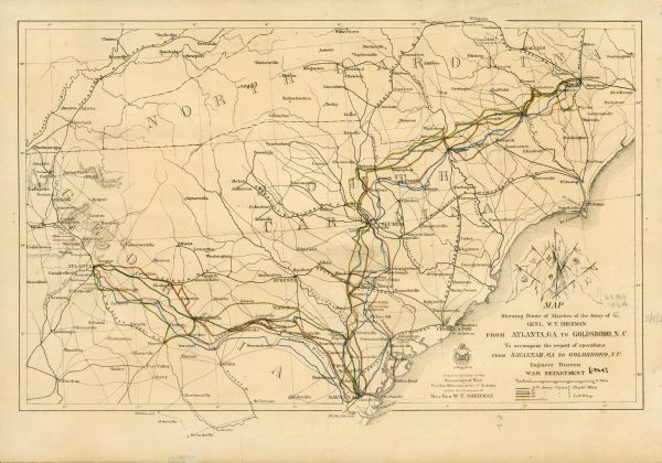 A map of Sherman's March from Atlanta, Georgia to Goldsboro, North Carolina.