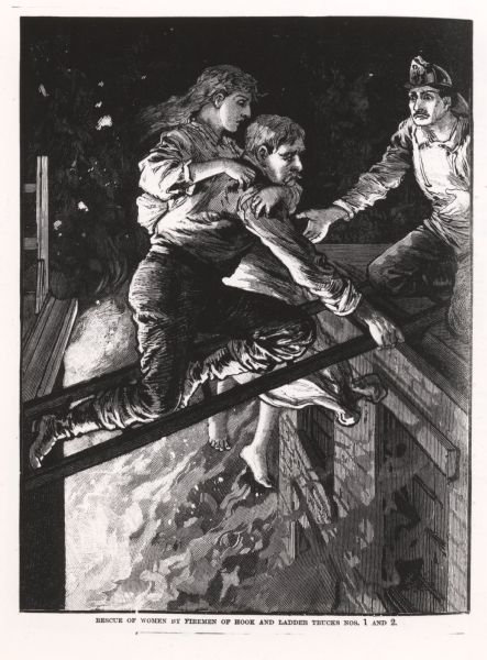 Photograph of an engraved image showing fire fighters rescuing a woman from the burning Newhall House.
