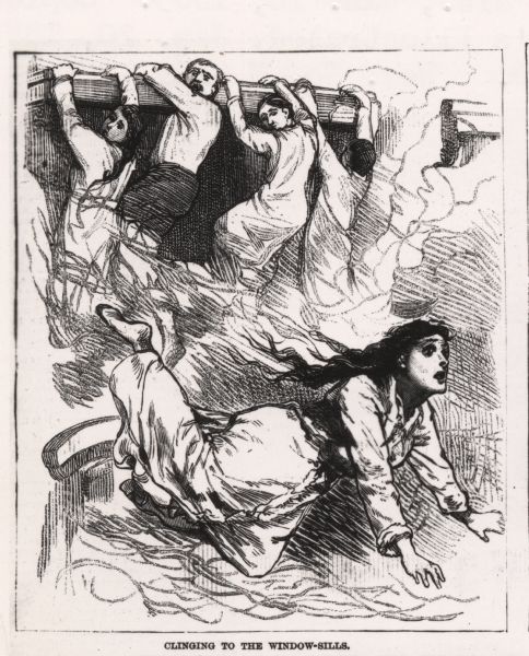 Photograph of an engraved image showing people clinging to a windowsill on the Newhall House attempting to escape the burning building. One woman in the foreground is falling.