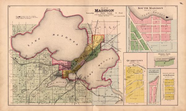Plat map of Madison, T7N R9E, including portions of the towns of Blooming Grove and Burke. Includes inset maps of South Madison, Quarrytown, Marril Park, and the Oak Lawn and Pleasant View additions to South Madison.