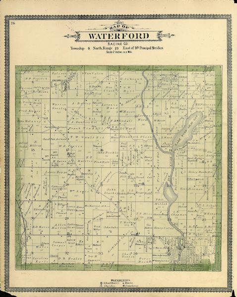 A plat map of Waterford. Township 4, North Range 19, East of 4th Principal Meridian. References at bottom include school houses, houses, churches and cemeteries.