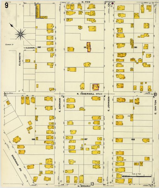 A Sanborn map including a portion of the East Johnson Street and East Gorham Street neighborhood.