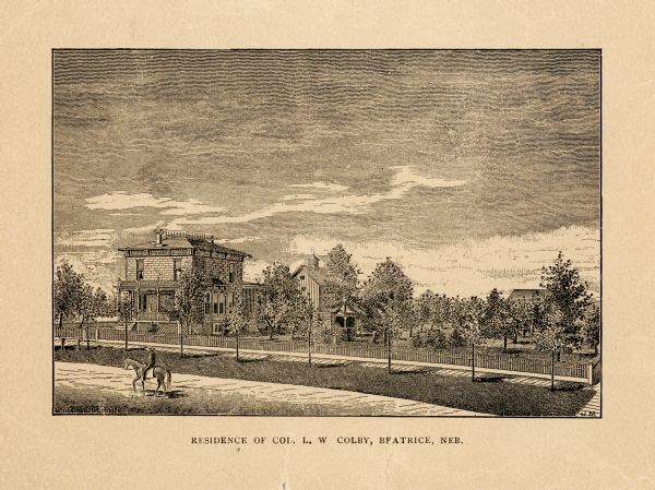 An etching of the residence of Colonel L. W. Colby.