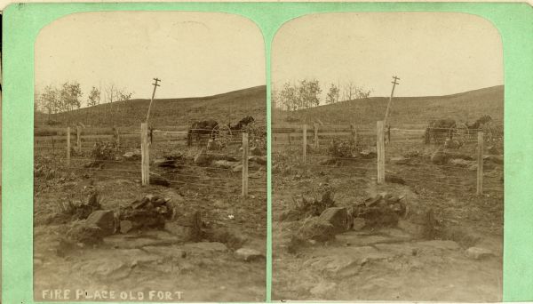 A stereograph of ruins of a fireplace in an old French fort on the banks of the Mississippi River. The fort may have been built by Nicholas Perrot.