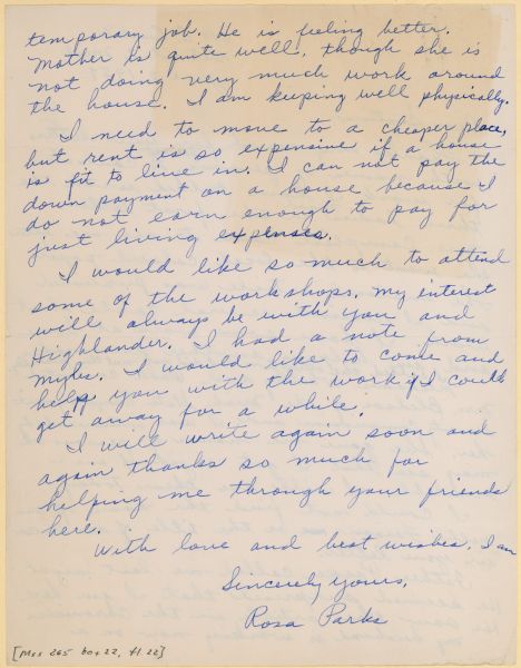 The second page of a two page letter written by Rosa Parks to Septima Clark.