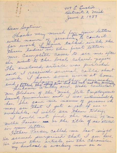 The first page of a two page letter written by Rosa Parks to Septima Clark.