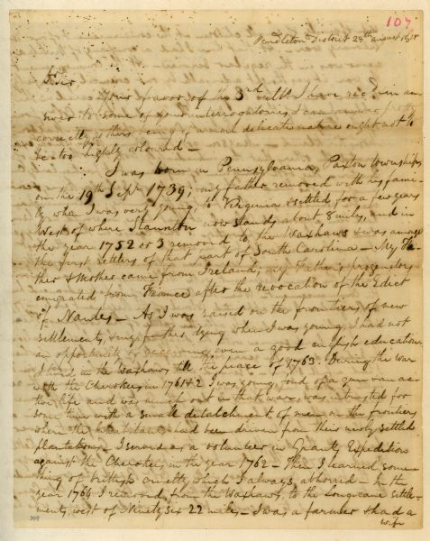 The first page of a letter written by Andrew Pickens to Henry Lee.