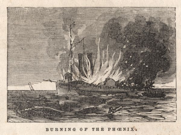 Engraved view of the burning of the steamer <i>Phoenix</i> on Lake Michigan, 17 miles from Sheboygan. Survivors are floating on debris in the water, and a rescue boat is approaching from the right.