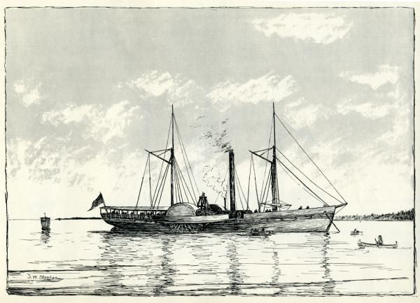 Drawing of the Great Lakes steamer <i>Walk-in-the-Water</i>. 