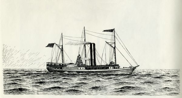 Drawing of the Great Lakes steamer <i>Thomas Jefferson</i>.