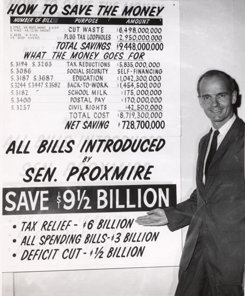 Wisconsin Senator William Proxmire posing with a poster detailing money saving bills he has introduced and how the savings can be used.