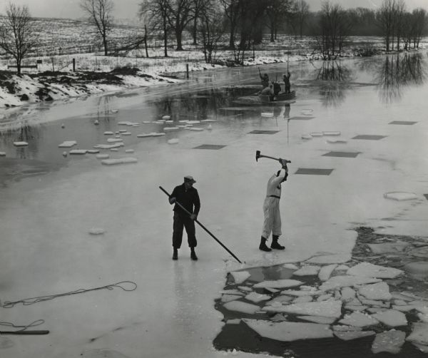 Elevated view of two people breaking ice with an ax and an ice breaking pole [a gaff?]; other people in the background are standing in a boat pushing poles into the water. Caption reads: "<b>Breaking up an ice crust</b> was the first job for Waukesha county authorities as they sought to resume dragging operations Wednesday in the Fox river, two miles east of Mukwonago. They searched for Mrs. Rose Marie Planinshek, West Allis housewife, who disappeared Monday, the day her automobile was found nosed into the water near the bridge on highway 15. The camera points south. The sheriff's deputies are Peter Roewlandts (white) and Harold Wolfe."