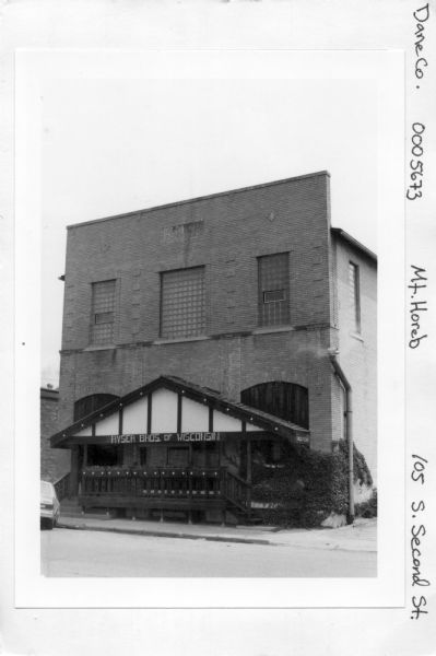 Exterior view of the Mt. Horeb Co-op Creamery at 102 South Second Street, which was operated by the Ryser Brothers. This view shows a Bavarian-style front, which was added in 1979.