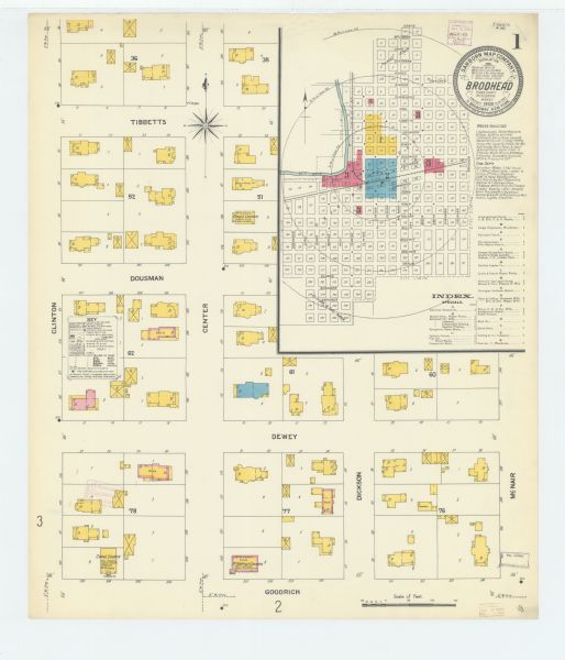 A Sanborn fire map of Brodhead. Includes an inset at top right showing distances from P.O.