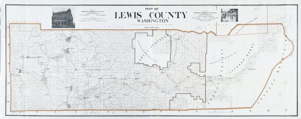 A map of Lewis County, Washington. There are two photographs at the top, an exterior and interior view of the bank building of Coffman, Dobson, & Co. Bankers.