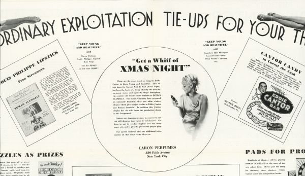 Excerpt from the pressbook for the 1933 film "Roman Scandals" which starred Eddie Cantor highlighting Louis Philippe Lipstick and Caron's Nuit de Noel (Xmas Night) perfume. These ads can be found on the middle pages of the pressbook under the banner "EXTRAORDINARY EXPLOITATION TIE-UPS FOR YOUR THEATRE!"